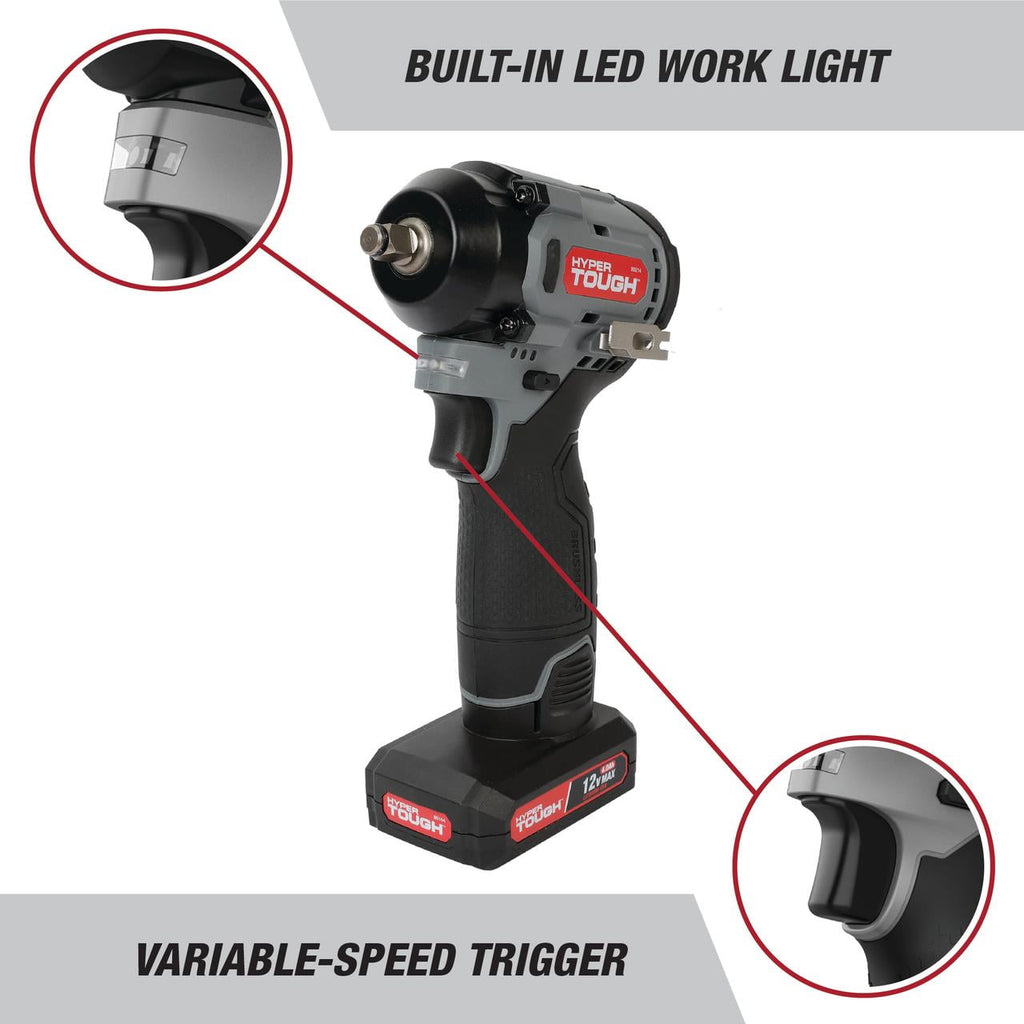 Hyper Tough 12V Max Cordless Brushless Impact Wrench with 4.0Ah Lithium-Ion Battery and Charger, 225 ft-lbs Torque