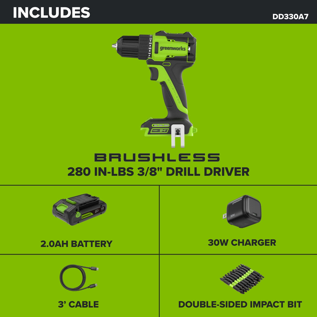 Greenworks PowerAll 24V Brushless 3/8 280 in-lb Drill, with 2Ah USB-C Battery, DD330A7