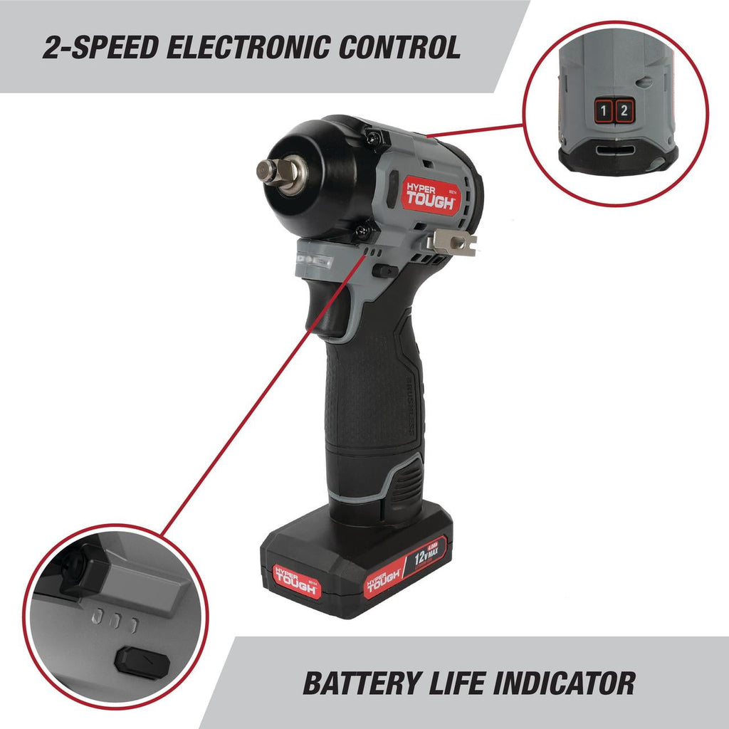 Hyper Tough 12V Max Cordless Brushless Impact Wrench with 4.0Ah Lithium-Ion Battery and Charger, 225 ft-lbs Torque