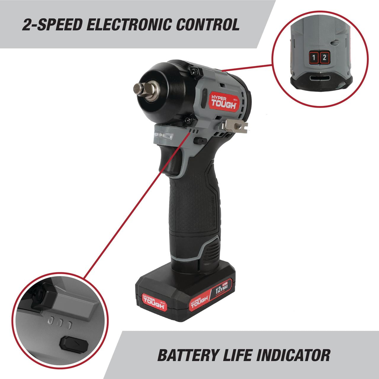 Hyper Tough 12V Max Cordless Brushless Impact Wrench with 4.0Ah Lithium-Ion Battery and Charger, 225 ft-lbs Torque