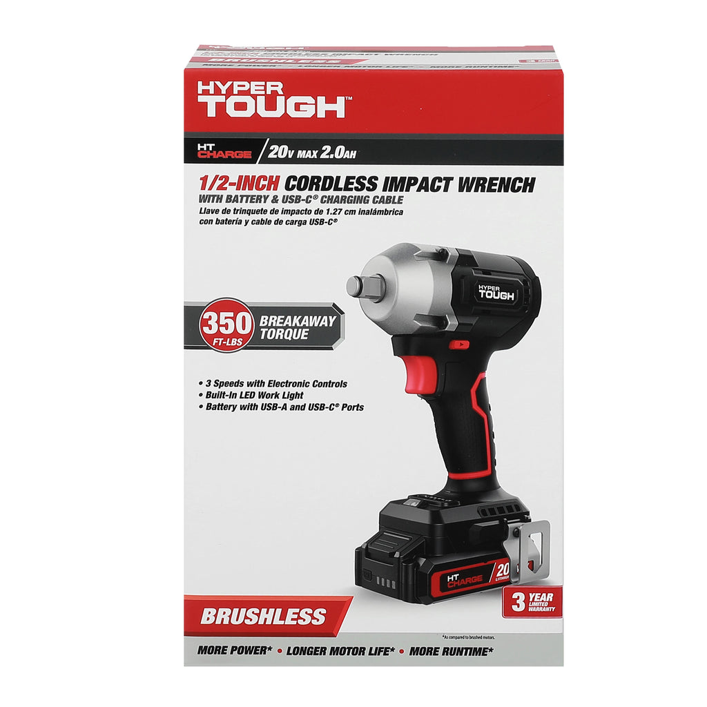 Open Box Hyper Tough 20V Brushless 1/2-inch Impact Wrench, Battery & Charging Cable