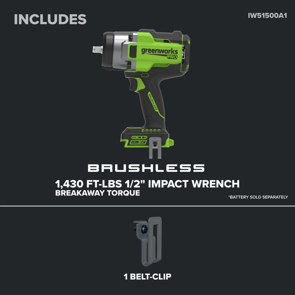 Greenworks Pro PowerAll 24V Brushless 1,430 ft-lb Breakaway Torque 1/2 Impact Wrench, Tool Only, IW51500A1