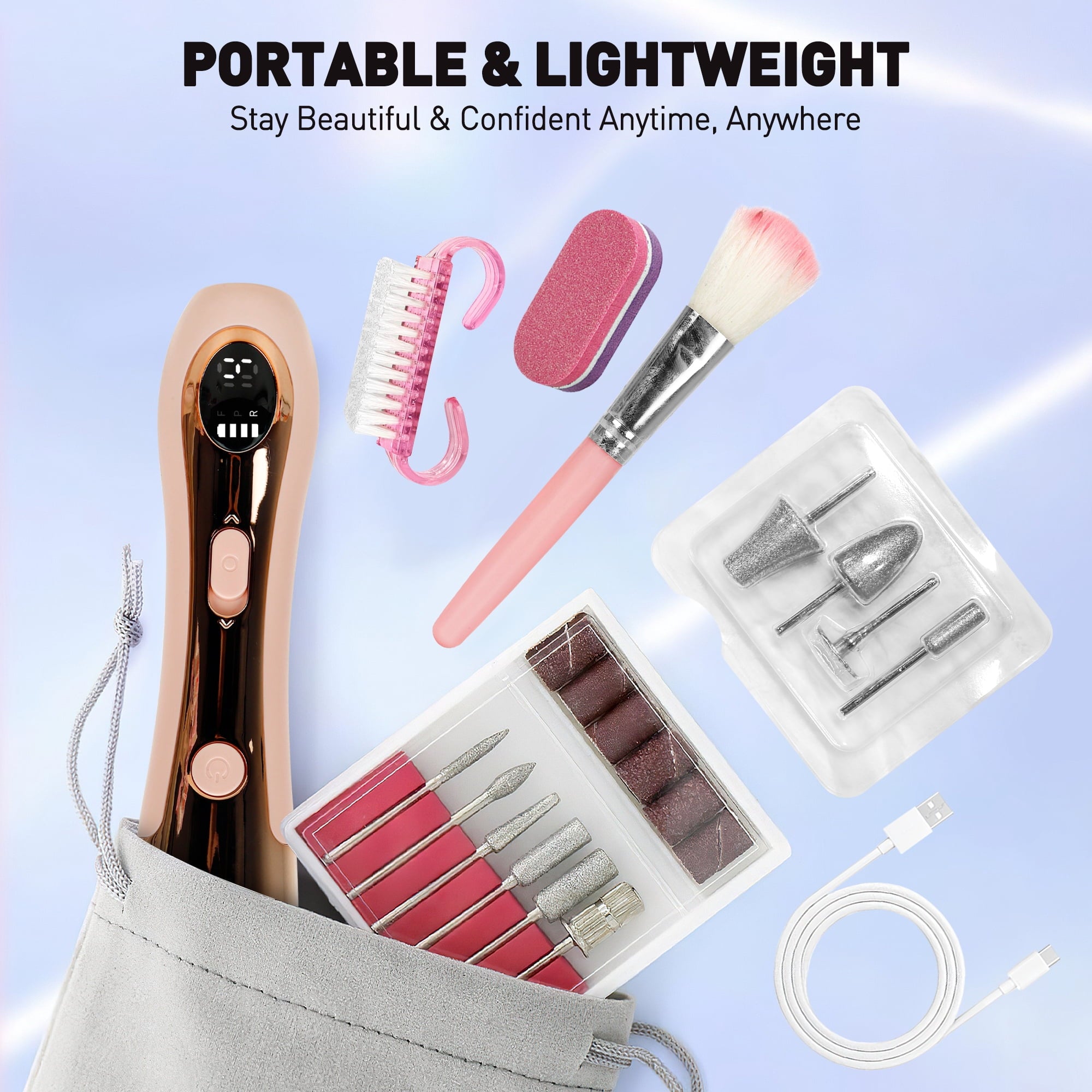 CshidWorld Cordless Electric Nail File, 10-Speed Nail Drill Kit with LED Light, Professional Portable Manicure Pedicure Tool for Thick Nails, Hand & Foot（Pink）