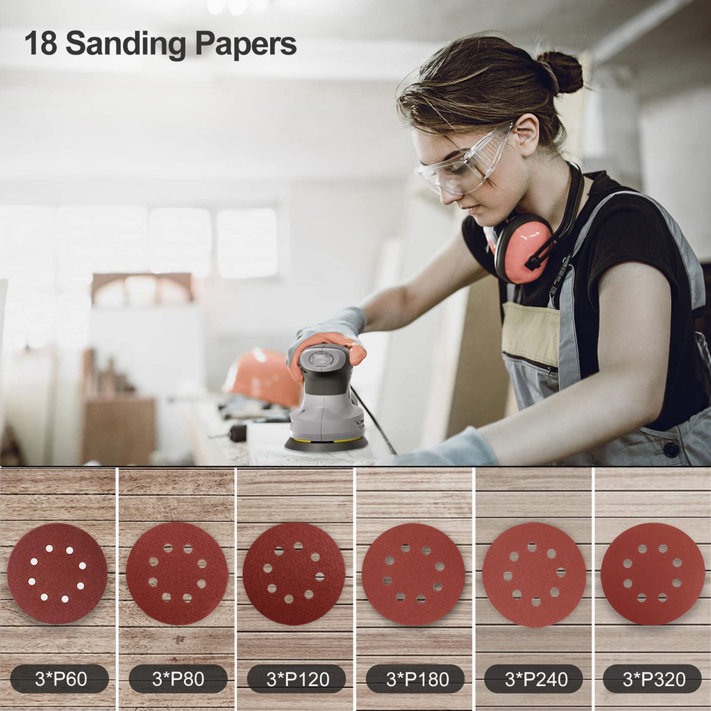 Jellas 5-Inch Random Orbital Sander with 17Pcs Sandpapers, 13000RPM 6 Variable Speed Sanders for Wood, High Performance Dust Collection System for Woodworking, 2.5A, Dust Collection Bag Include