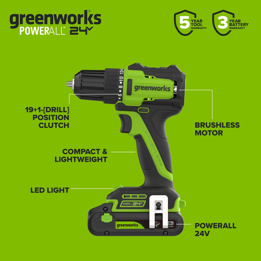 Greenworks PowerAll 24V Brushless 3/8 Drill Driver with 2Ah Battery and Hand Tools, PK301A1