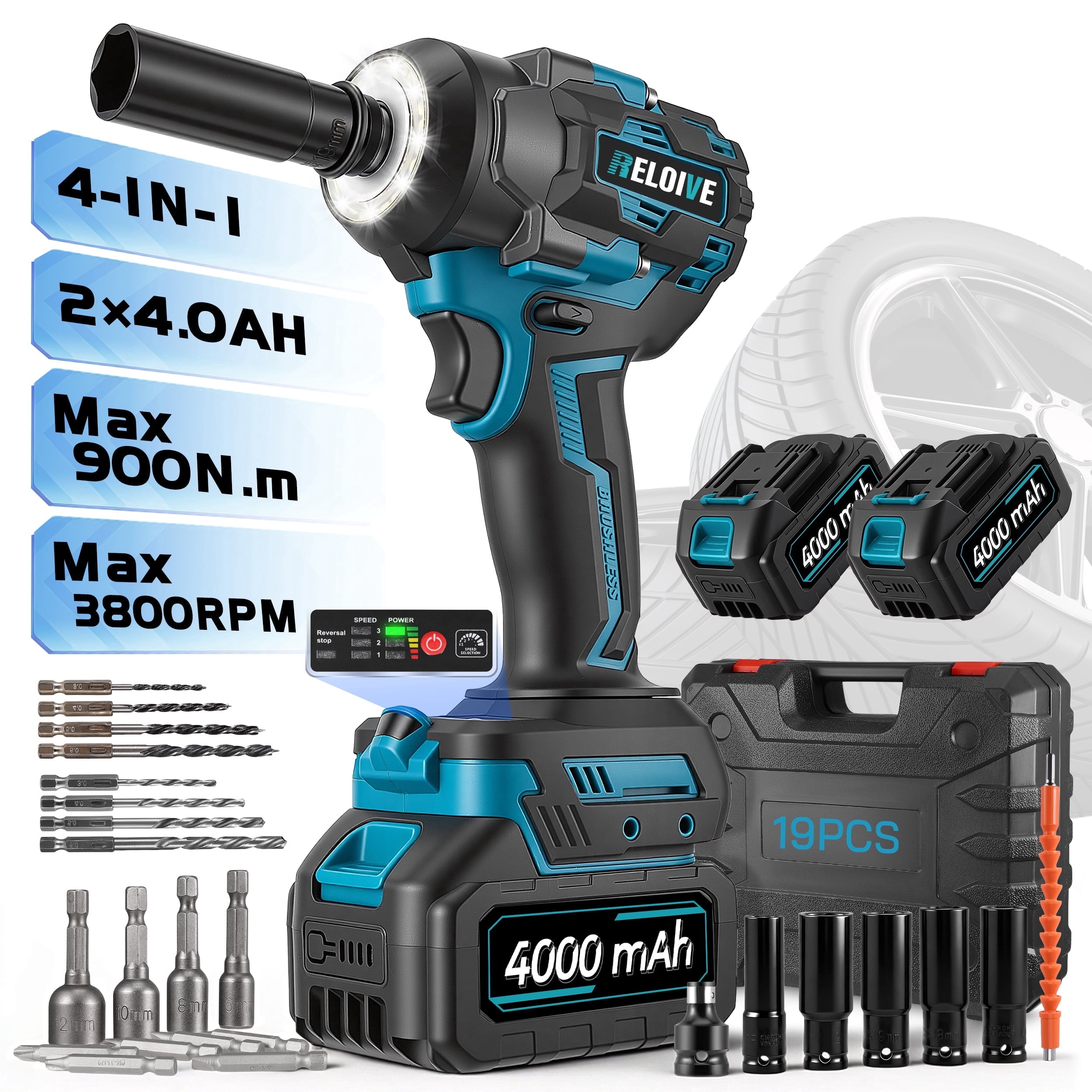 RELOIVE Cordless Impact Wrench Kit,663.8 FT-lbs(900N.m) Max Torque,1/2 Heavy-Duty Brushless Motor,4-IN-1 Electric Impact Driver,2 x 4.0Ah Batteries for Car Home Repair