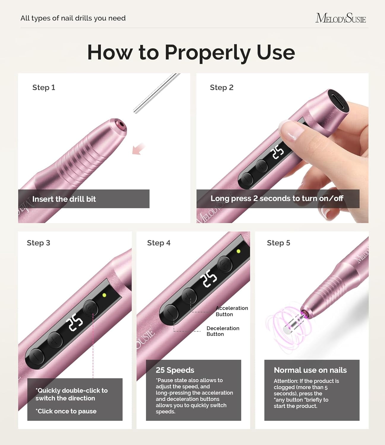 MelodySusie Cordless Portable Nail Drill, 25,000 RPM PC180G Rechargeable Nail E-file Kit, with Drill Bits & Sanding Bands, Pink