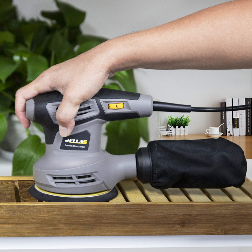 Jellas 5-Inch Random Orbital Sander with 17Pcs Sandpapers, 13000RPM 6 Variable Speed Sanders for Wood, High Performance Dust Collection System for Woodworking, 2.5A, Dust Collection Bag Include