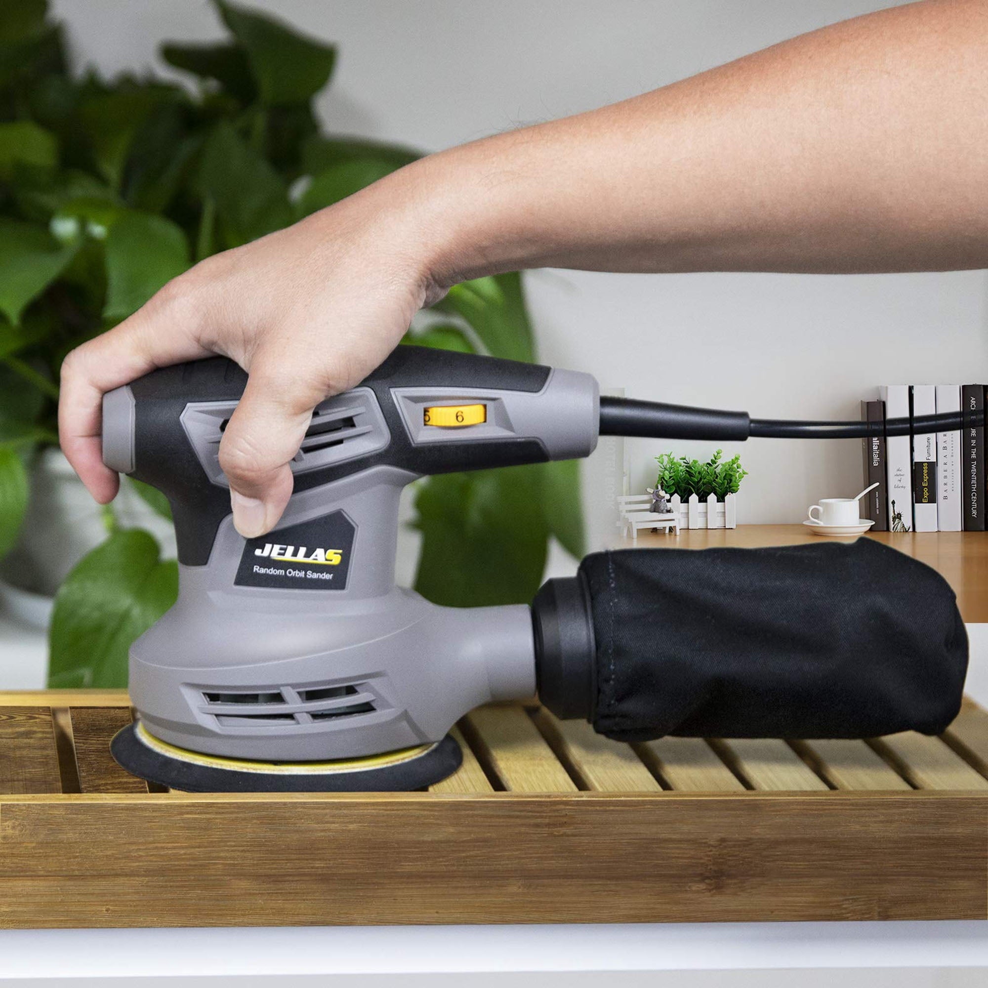 Jellas 5-Inch Random Orbital Sander with 17Pcs Sandpapers, 13000RPM 6 Variable Speed Sanders for Wood, High Performance Dust Collection System for Woodworking, 2.5A, Dust Collection Bag Include