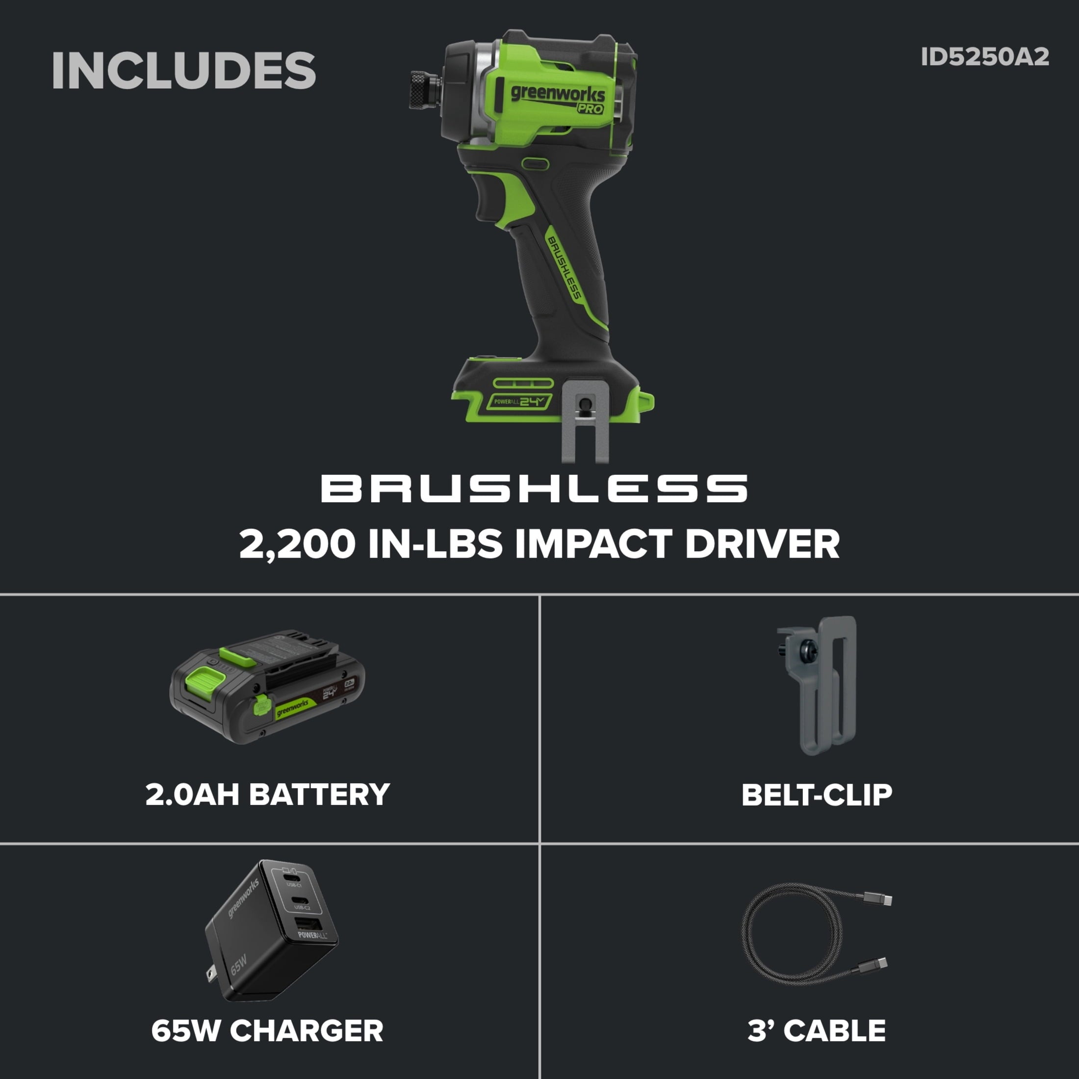 Greenworks Pro PowerAll 24V Brushless 2200 In-lb Impact Driver, 2Ah USB-C Battery, 65W Charger and Cable, ID5250A2