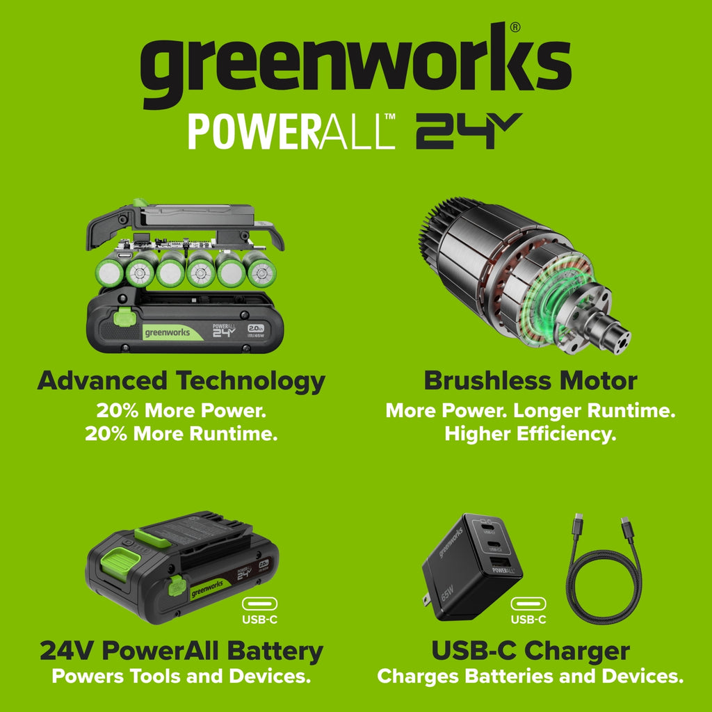 Greenworks PowerAll 24V Brushless 3/8 280 in-lb Drill, with 2Ah USB-C Battery, DD330A7