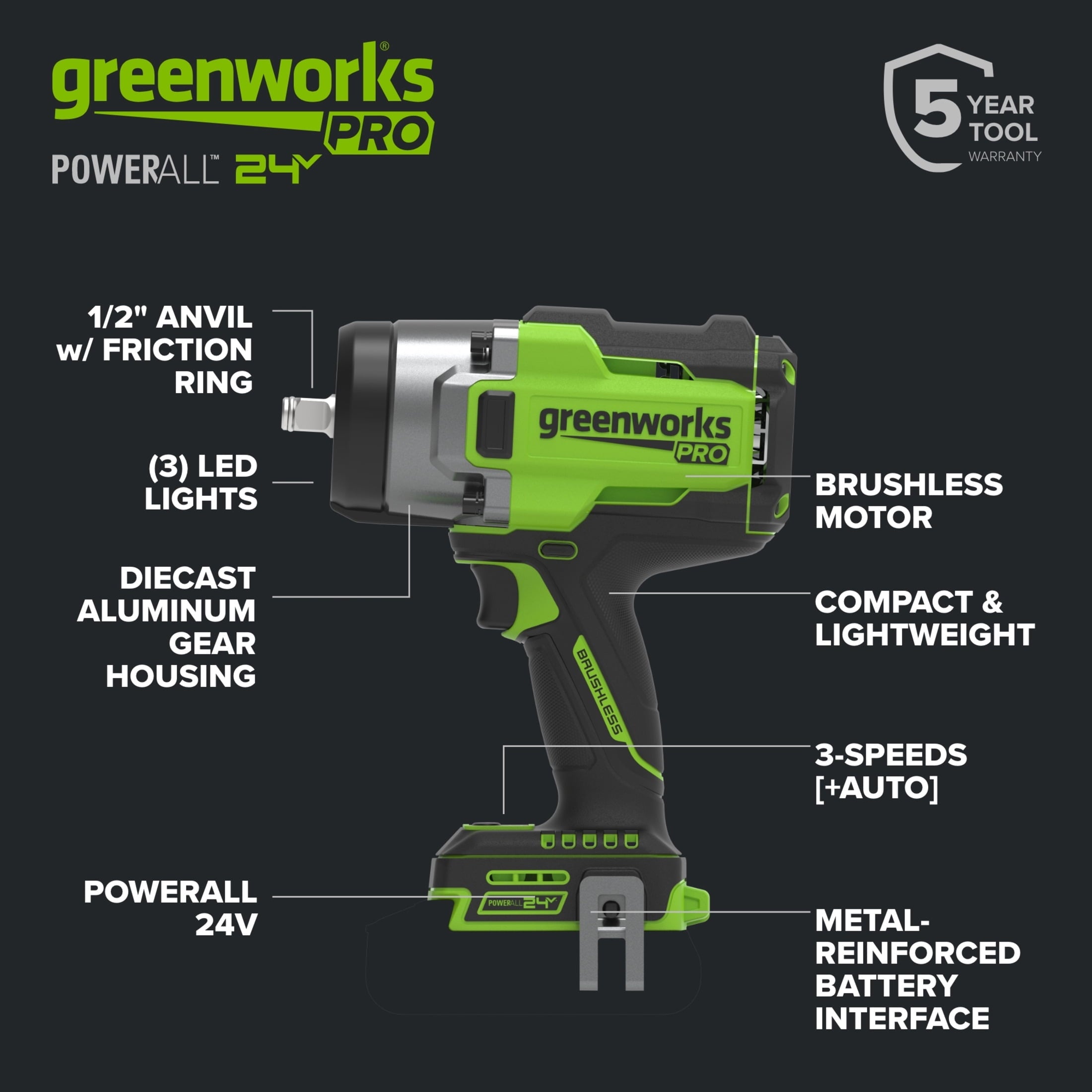 Greenworks Pro PowerAll 24V Brushless 1,430 ft-lb Breakaway Torque 1/2 Impact Wrench, Tool Only, IW51500A1