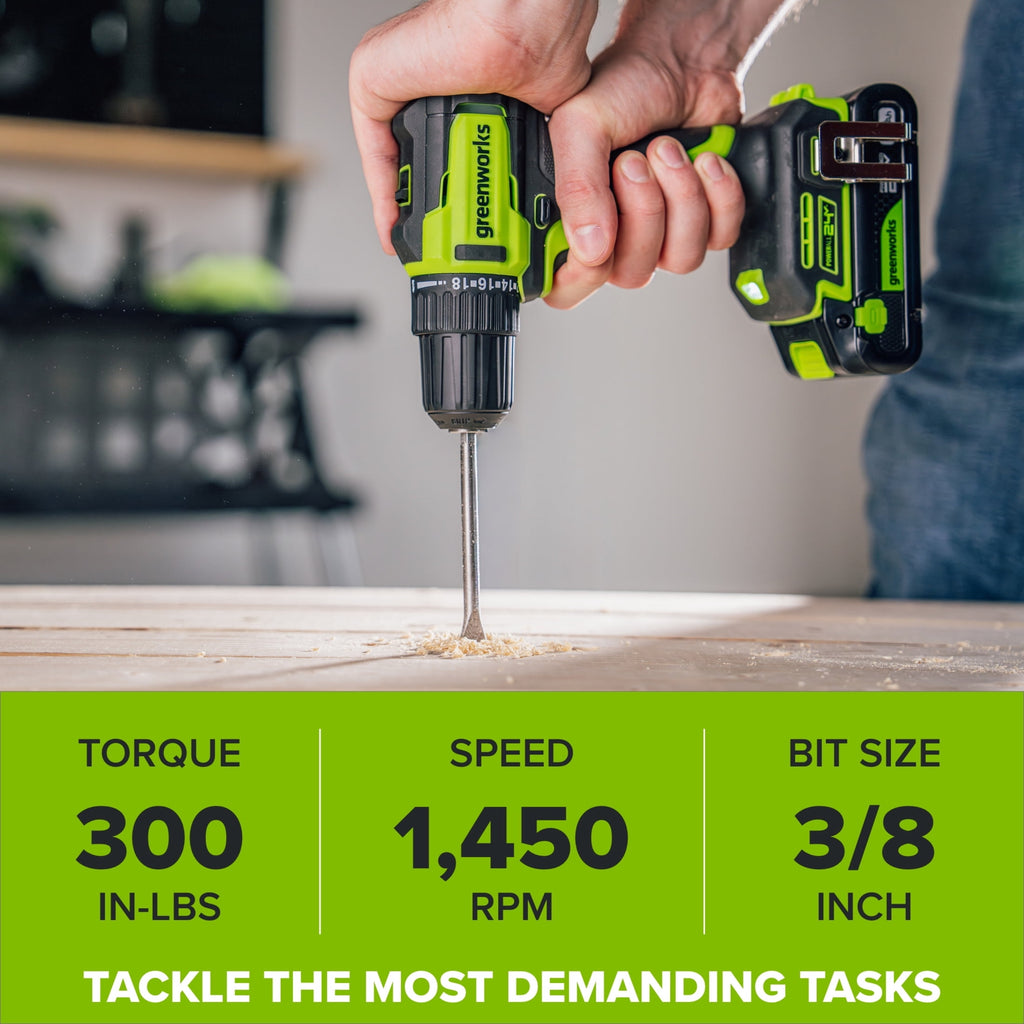 Greenworks PowerAll 24V Brushless 300 in-lbs Drill Driver + Impact Driver, (2) 2Ah Batteries, 30W Charger and Cable, 2 Belt Clips and 2 bits and Bag, CK326A2