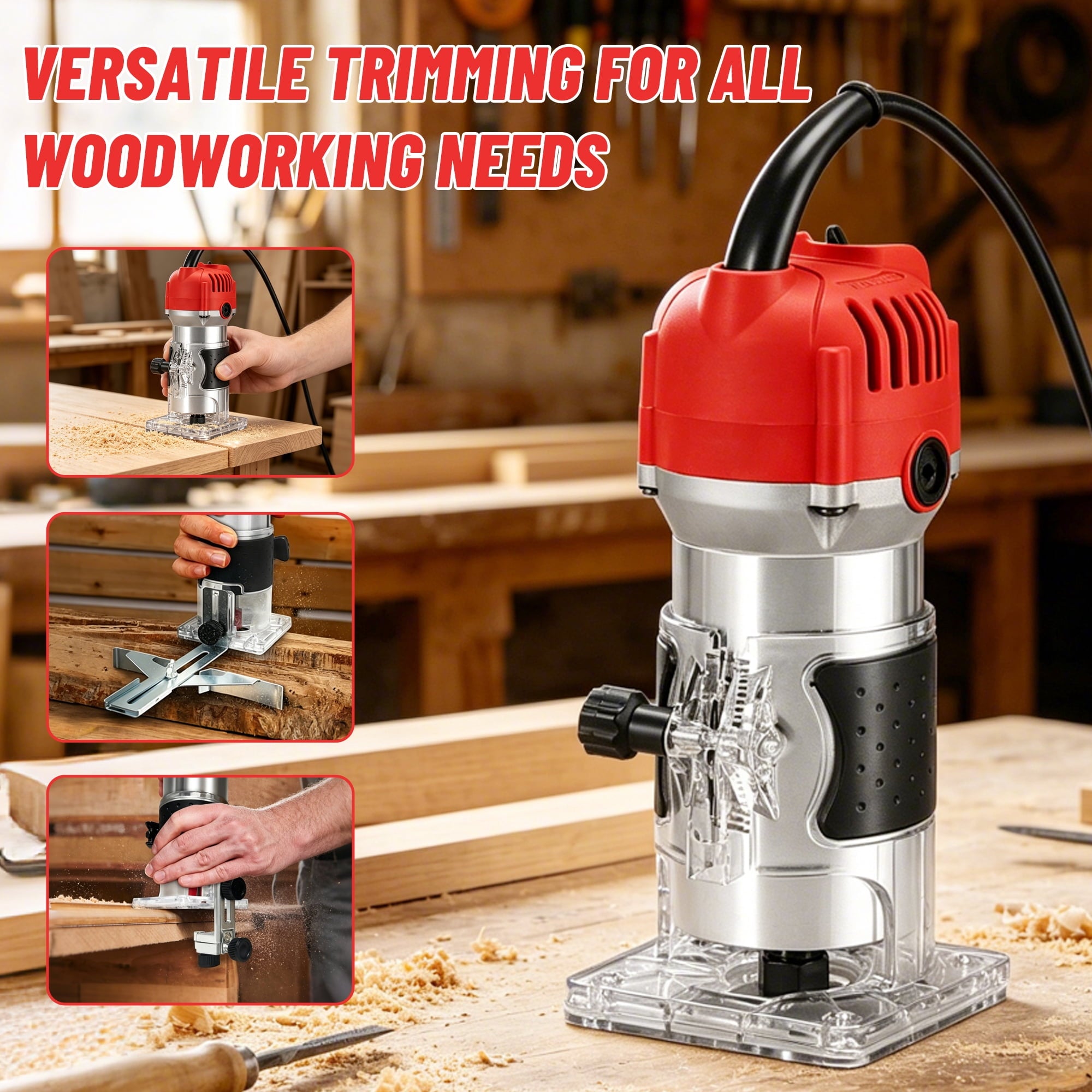 Gewna 800W Compact Wood Router with 1/4 Collet,30000 Rpm , Includes 15 Pcs Bits ,for Trimming, Grooving and Woodworking,Red