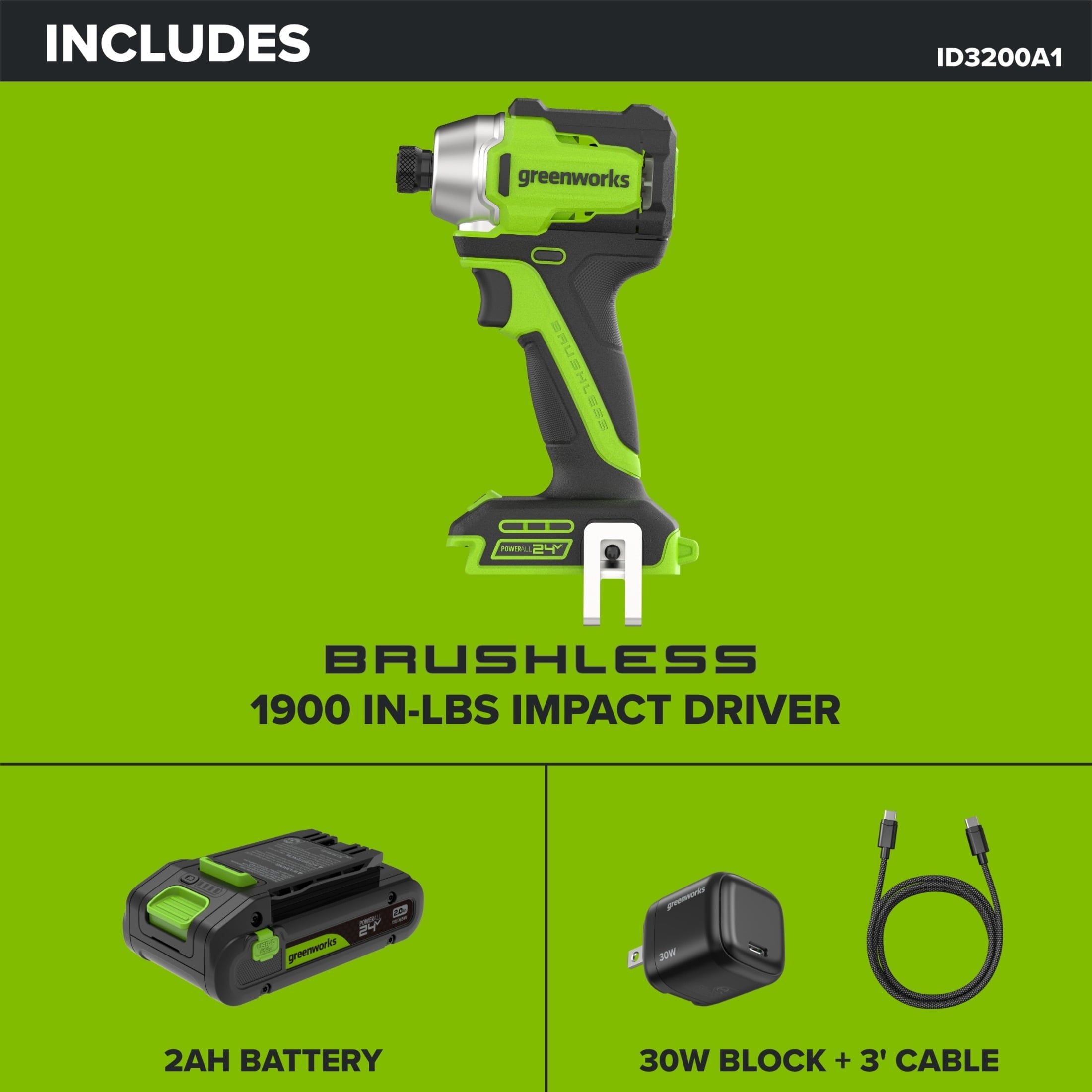 Greenworks PowerAll 24V Brushless 1,900 In-Lb Impact Driver, with 2.0 Ah USB-C Battery, 30W USB-C Charger Block, 3' 100W USB-C Cable, ID3200A1