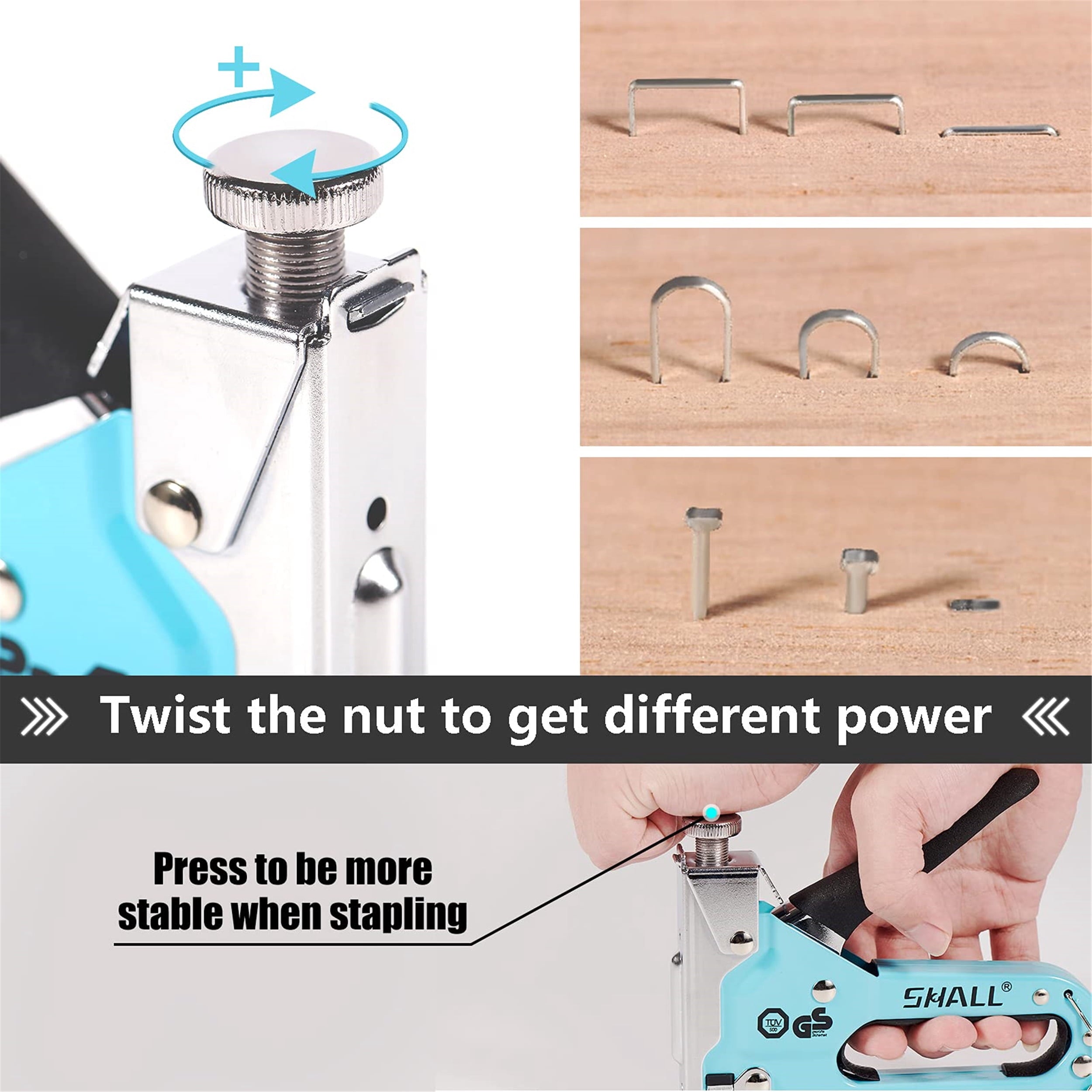 SHALL Staple Gun Heavy Duty, 3-in-1 Upholstery Staple Gun Kit with 3000 Staples, Staple Remover, Manual Brad Nailer with Specific Staples Outlet Position Indicator Blue