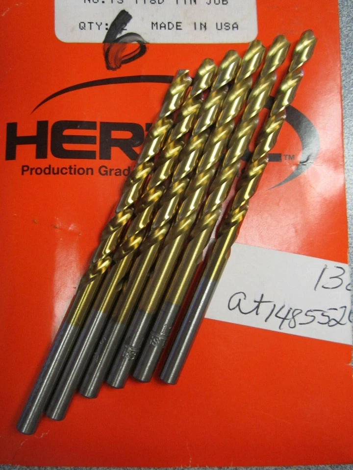 KLYNE - (6) #13 (.1850) Jobber Length Drill Bits 118Deg Angle Tin Hss