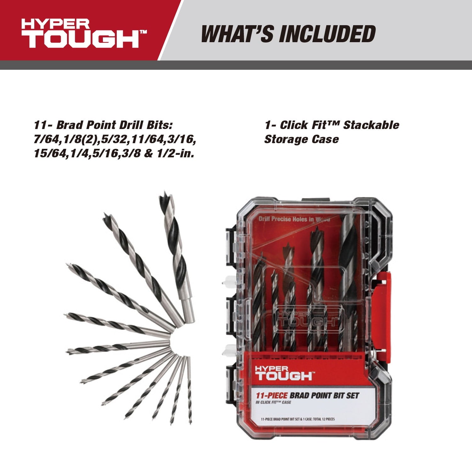 Hyper Tough 11-Piece Brad Point Bit Set in Click Fit Case