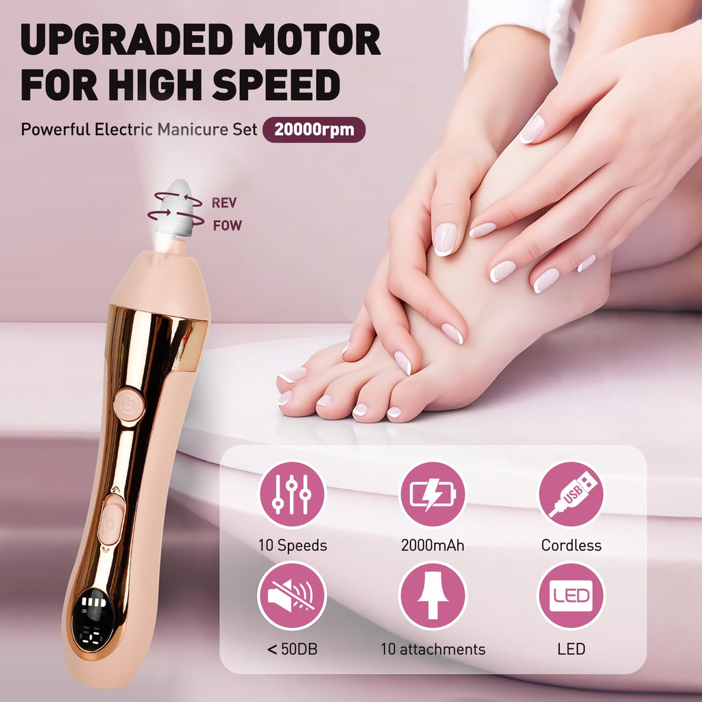 CshidWorld Cordless Electric Nail File, 10-Speed Nail Drill Kit with LED Light, Professional Portable Manicure Pedicure Tool for Thick Nails, Hand & Foot（Pink）