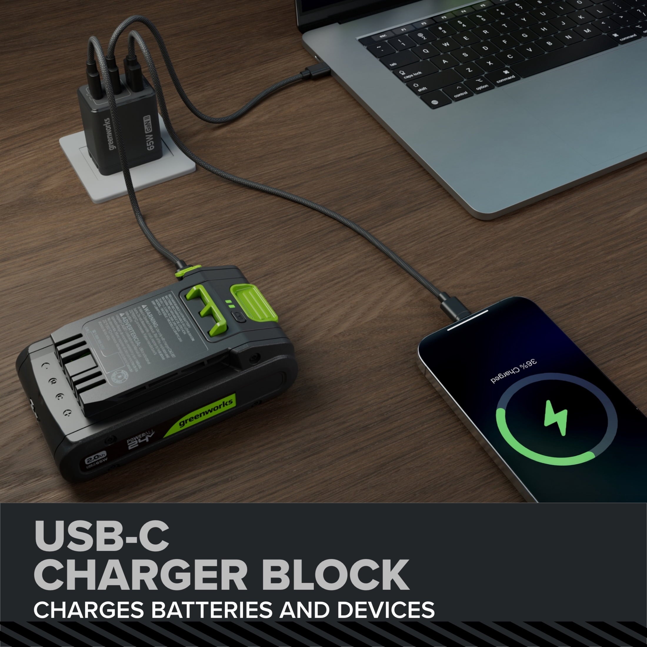 Greenworks Pro PowerAll 24V Brushless 1/2 530 in-lb Drill Driver, with 2.0 Ah USB-C Battery, 30W USB-C Charger Block, 3' 100W USB-C Cable, DD560A1