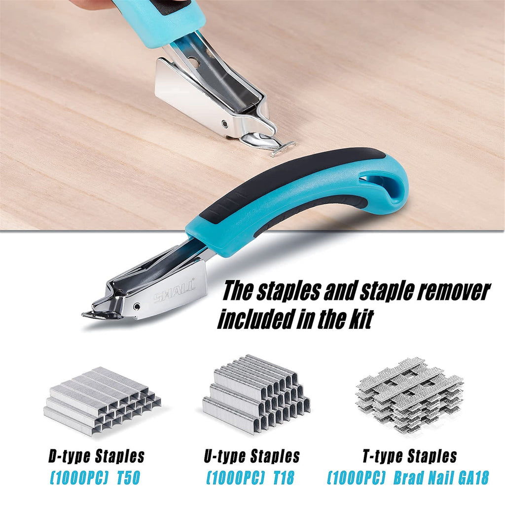 SHALL Staple Gun Heavy Duty, 3-in-1 Upholstery Staple Gun Kit with 3000 Staples, Staple Remover, Manual Brad Nailer with Specific Staples Outlet Position Indicator Blue