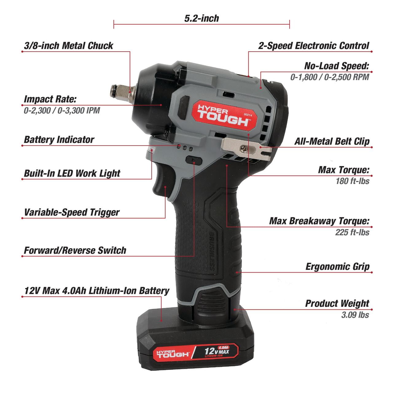 Hyper Tough 12V Max Cordless Brushless Impact Wrench with 4.0Ah Lithium-Ion Battery and Charger, 225 ft-lbs Torque