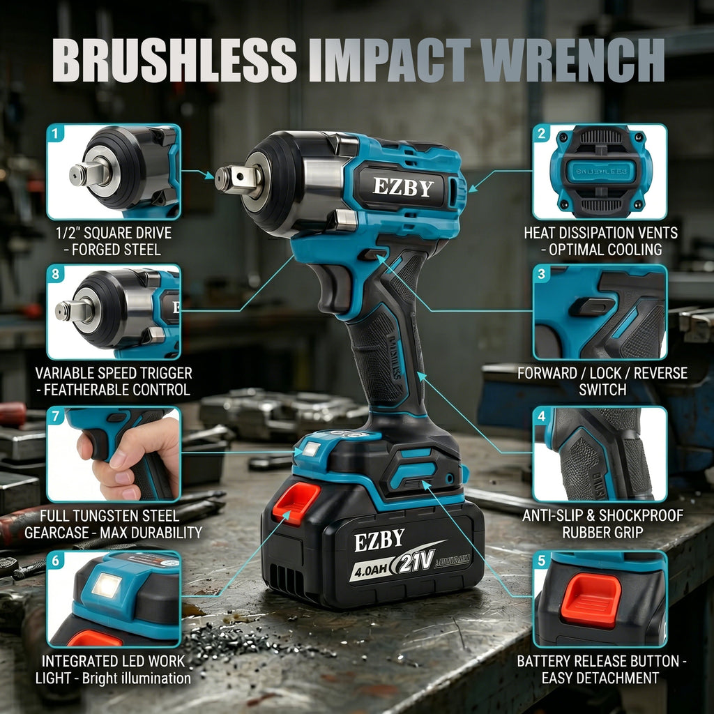 EZBY Cordless Impact Wrench Kit, 664 FT-lbs(900N.m) Max Torque, 1/2 Heavy-Duty Brushless Motor, 21V Electric Impact Gun & Driver Tool Set with 2x 4.0Ah Batteries for Car Home Repair