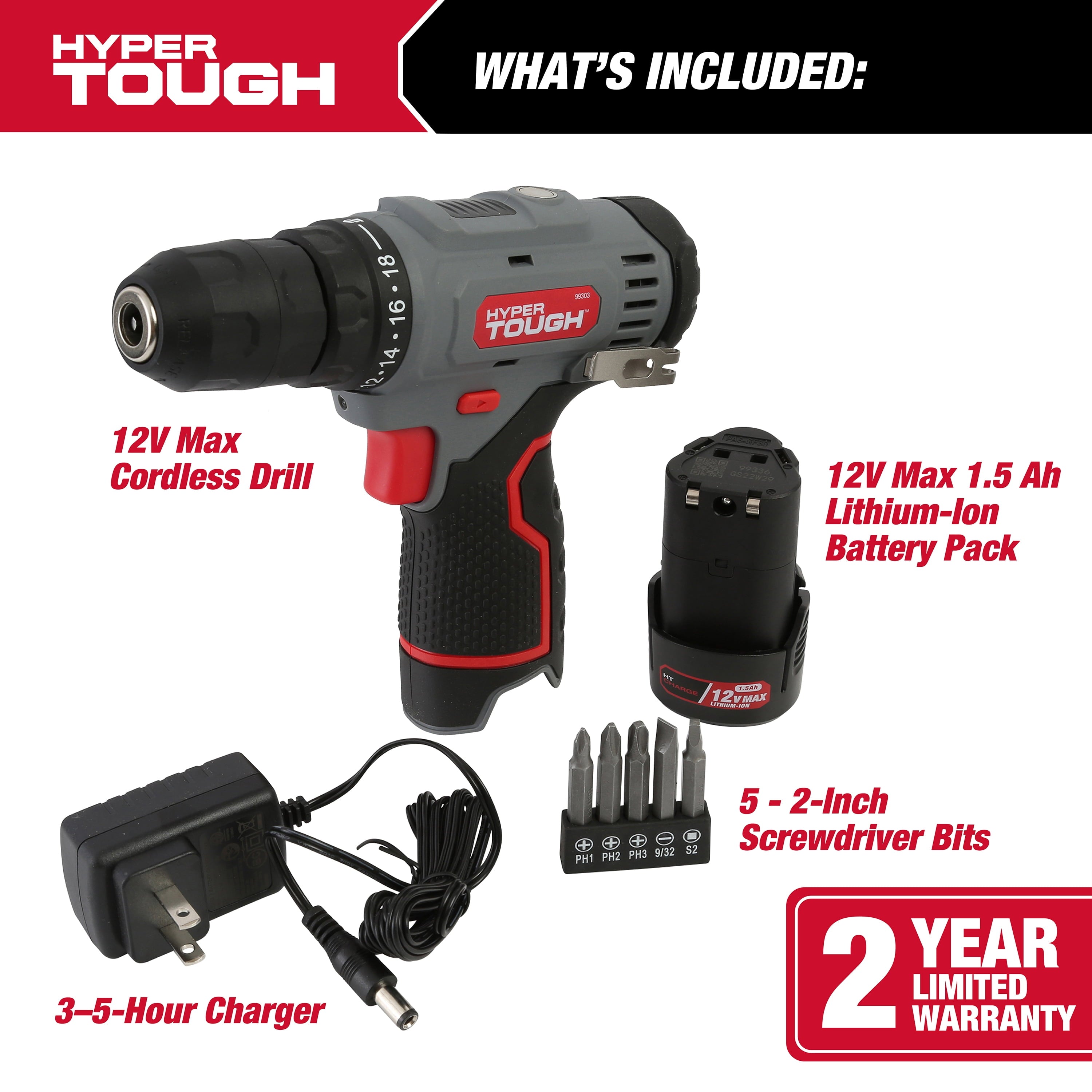 Hyper Tough 12V Max Lithium-Ion Cordless 3/8-inch Drill Driver with 1.5Ah Battery, 99303