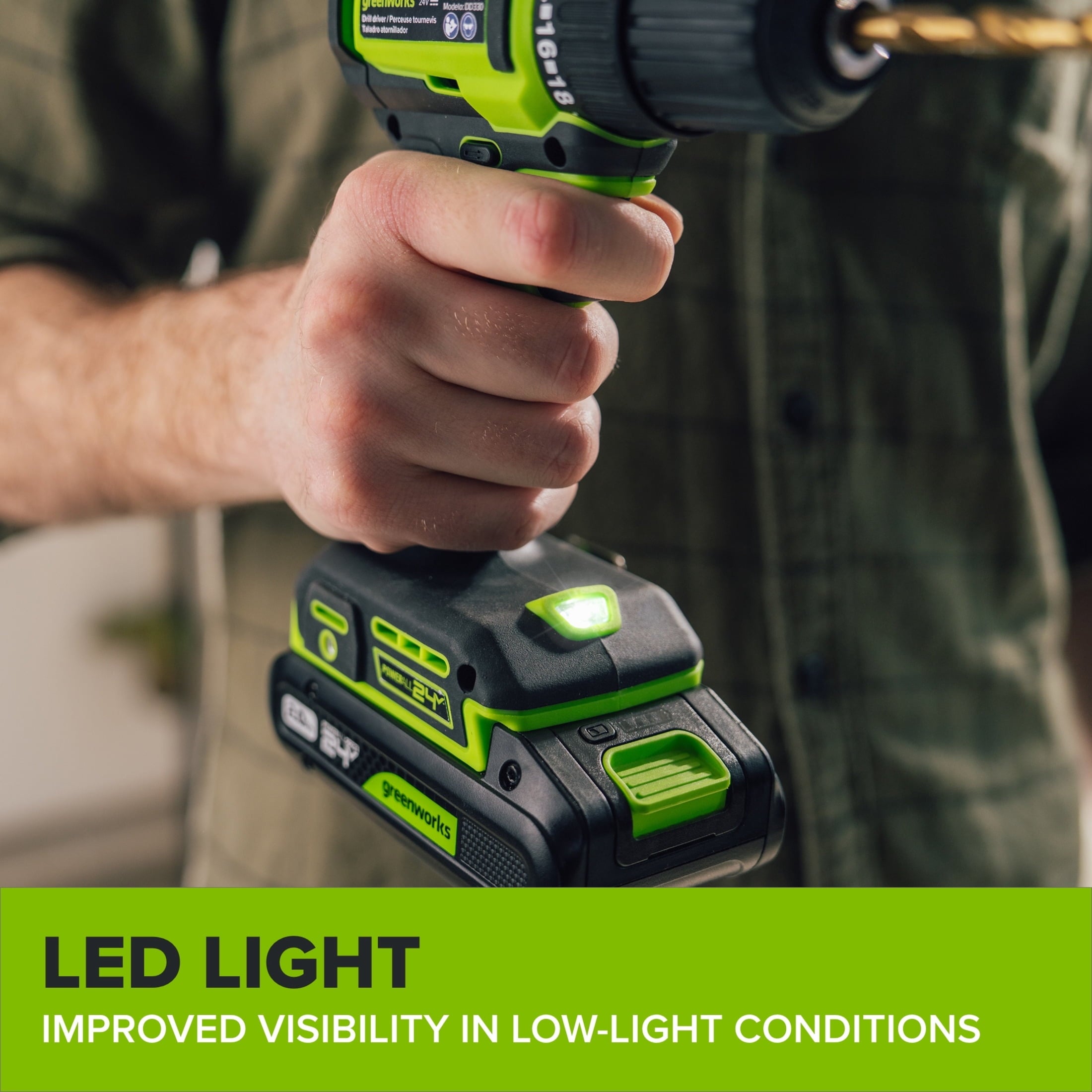 Greenworks PowerAll 24V Brushless 3/8 280 in-lb Drill, with 2Ah USB-C Battery, DD330A7