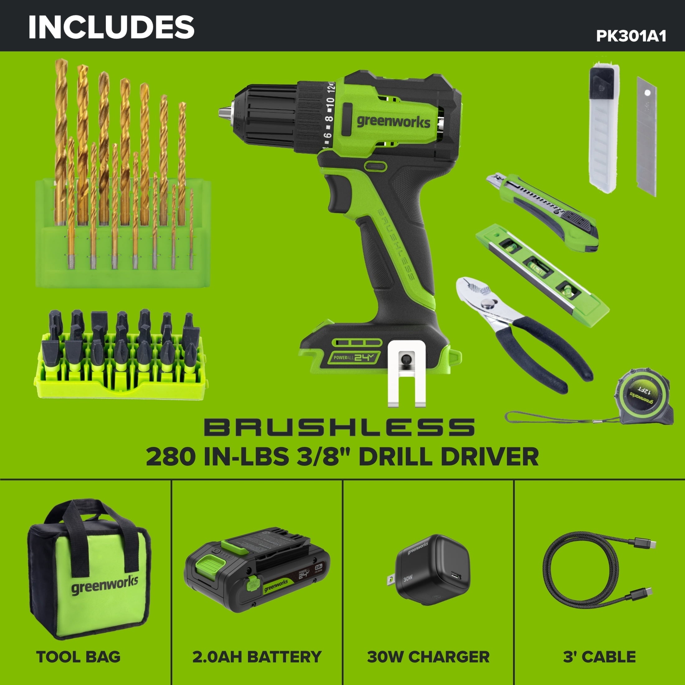 Greenworks PowerAll 24V Brushless 3/8 Drill Driver with 2Ah Battery and Hand Tools, PK301A1