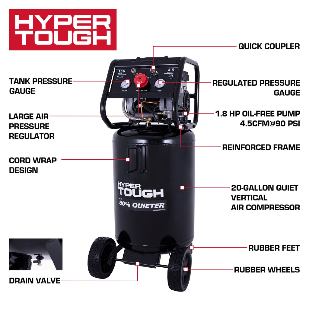 Hyper Tough 20 Gallon 1.8 HP Vertical Quiet air compressor 150psi