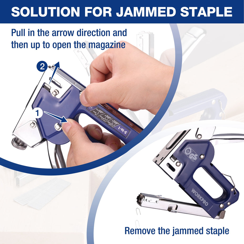 WORKPRO 3-in-1 Staple Gun Kit with 1500 Staples & Remover, Compatible with T50, U-Type, Brad Nails – Heavy Duty Manual Stapler for Upholstery & DIY