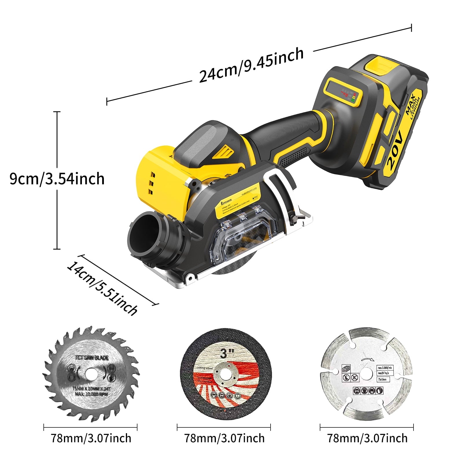 20V 3 Mini Cordless Circular Saw with Battery & Charger, 25000RPM, Blade Guard Included, Cuts Tile Wood Metal Plastic, for DIY & Construction, Local Warehouse Shipping