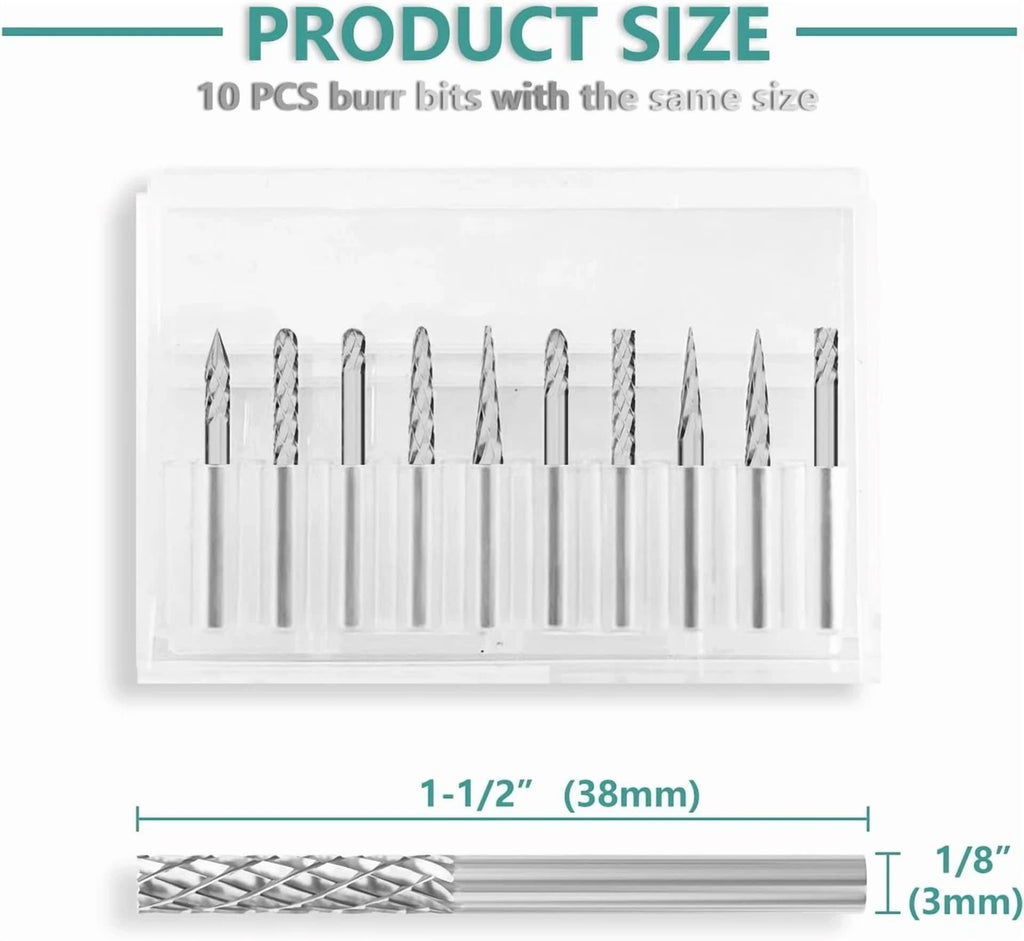 KNACK - Carbide Burr Set Die Grinder Bit, 10Pcs 1/8 Shank Double Cut Carbide Rotary Bur