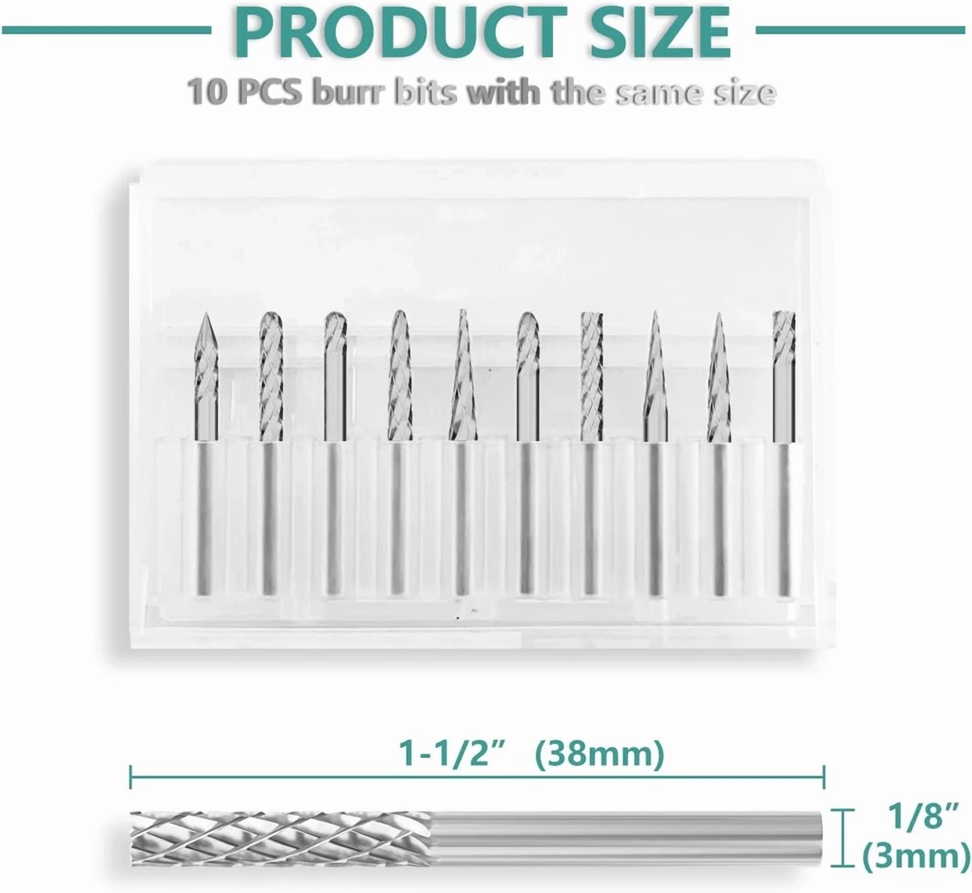 KNACK - Carbide Burr Set Die Grinder Bit, 10Pcs 1/8 Shank Double Cut Carbide Rotary Bur
