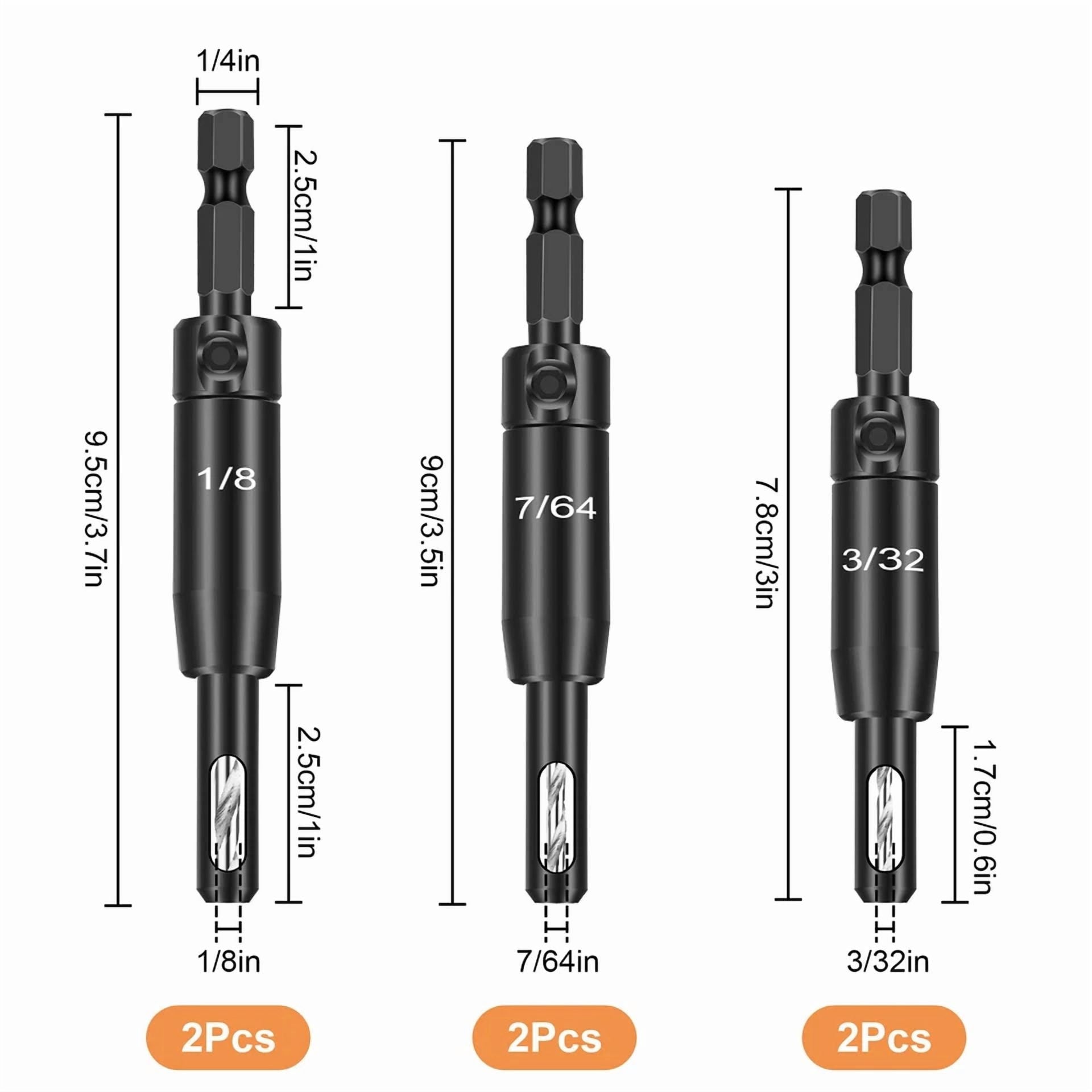 KLYNE - 6Pcs 1/8-3/32 Self Centering Hinge Drill Bit Pilot Hole Tool 1/4 Hex Shank