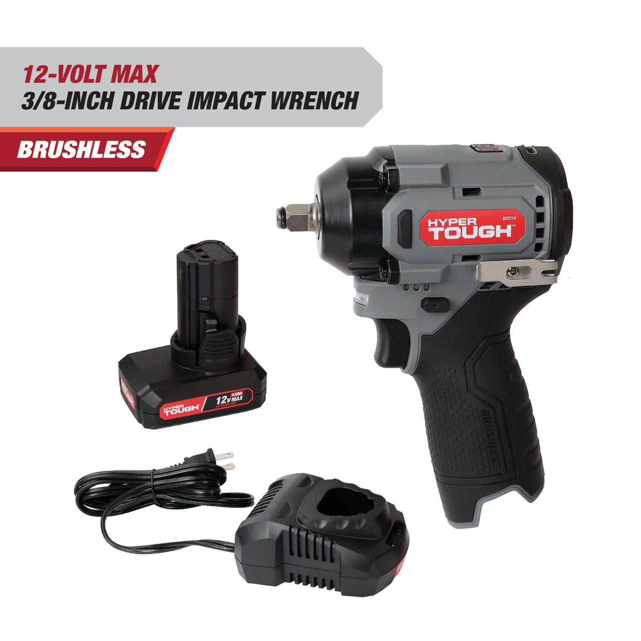 Hyper Tough 12V Max Cordless Brushless Impact Wrench with 4.0Ah Lithium-Ion Battery and Charger, 225 ft-lbs Torque