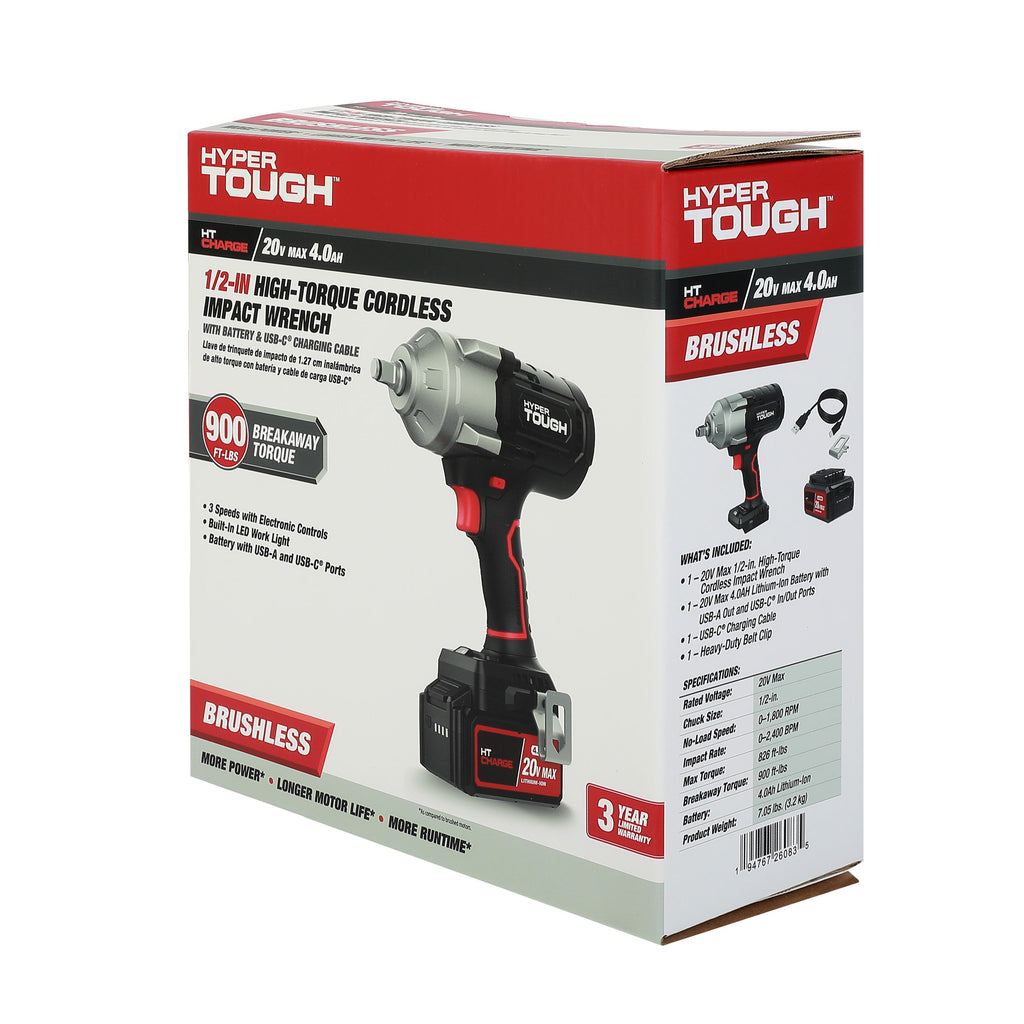 Hyper Tough 20V Brushless Cordless 1/2-in 900 Impact Wrench with Battery & Charger