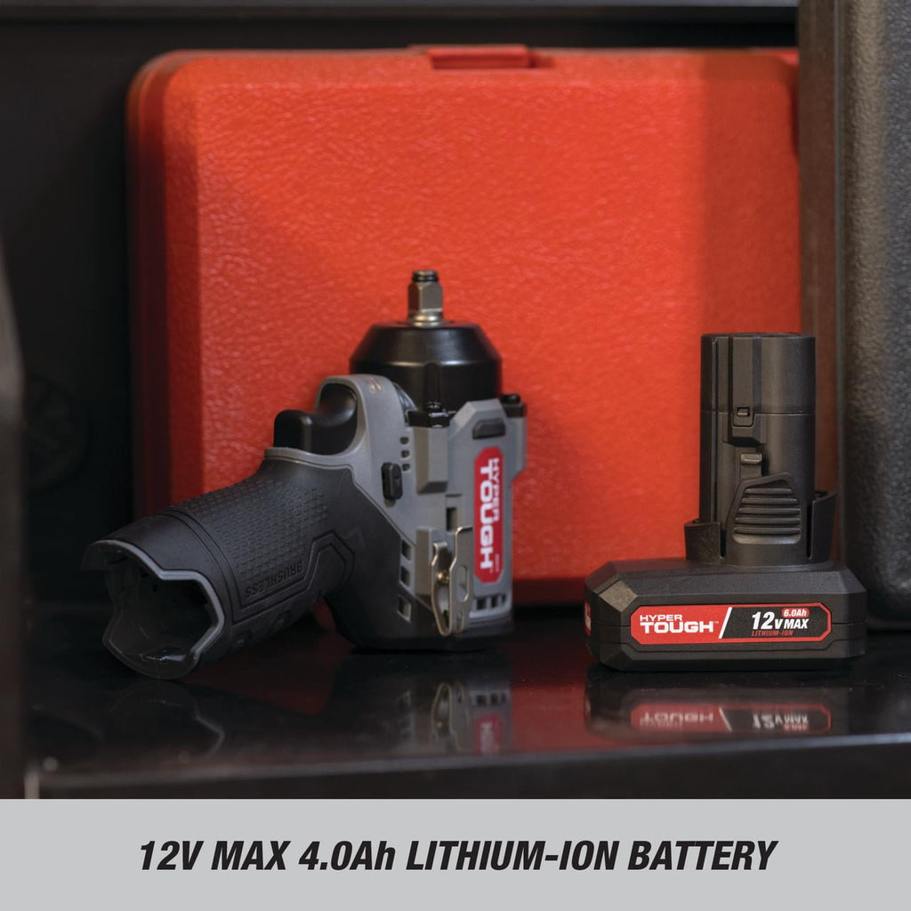 Hyper Tough 12V Max Cordless Brushless Impact Wrench with 4.0Ah Lithium-Ion Battery and Charger, 225 ft-lbs Torque