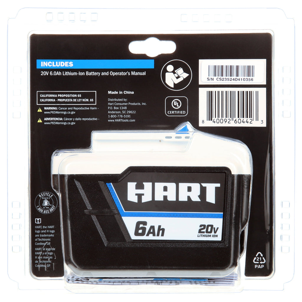 HART 20 Volts 6.0Ah Lithium-Ion Battery (Charger Not Included)