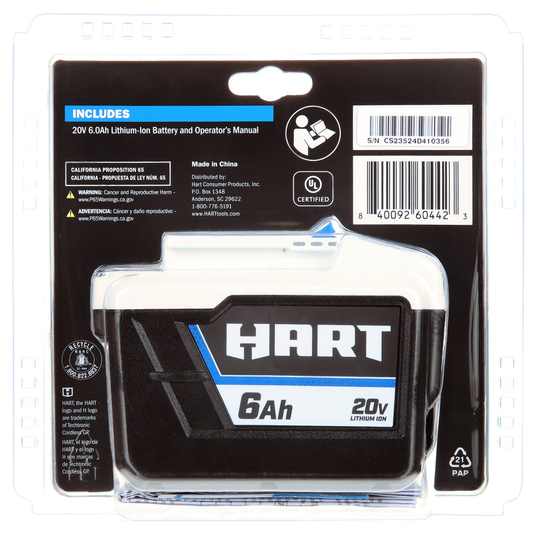 HART 20 Volts 6.0Ah Lithium-Ion Battery (Charger Not Included)