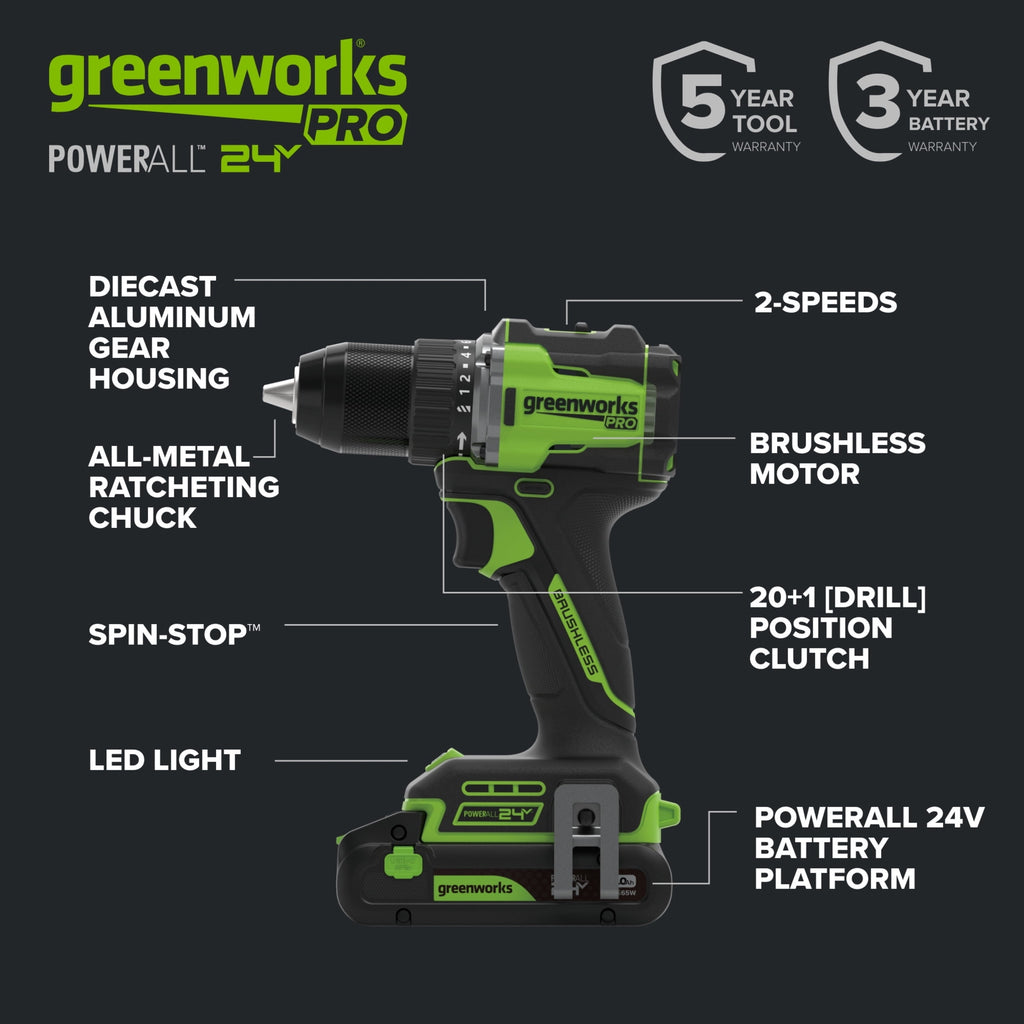 Greenworks Pro PowerAll 24V Brushless 1/2 530 in-lb Drill Driver, with 2.0 Ah USB-C Battery, 30W USB-C Charger Block, 3' 100W USB-C Cable, DD560A1