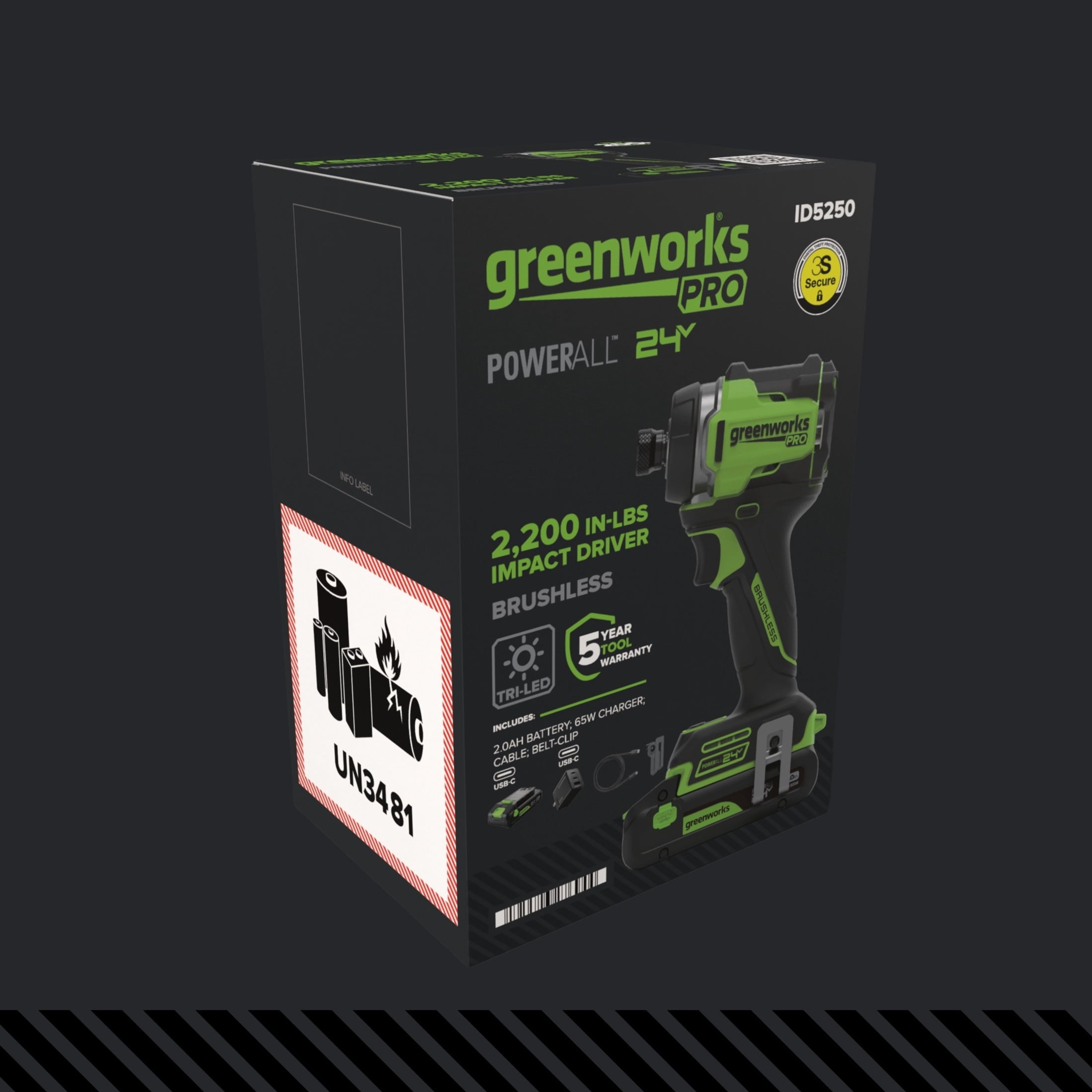 Greenworks Pro PowerAll 24V Brushless 2200 In-lb Impact Driver, 2Ah USB-C Battery, 65W Charger and Cable, ID5250A2